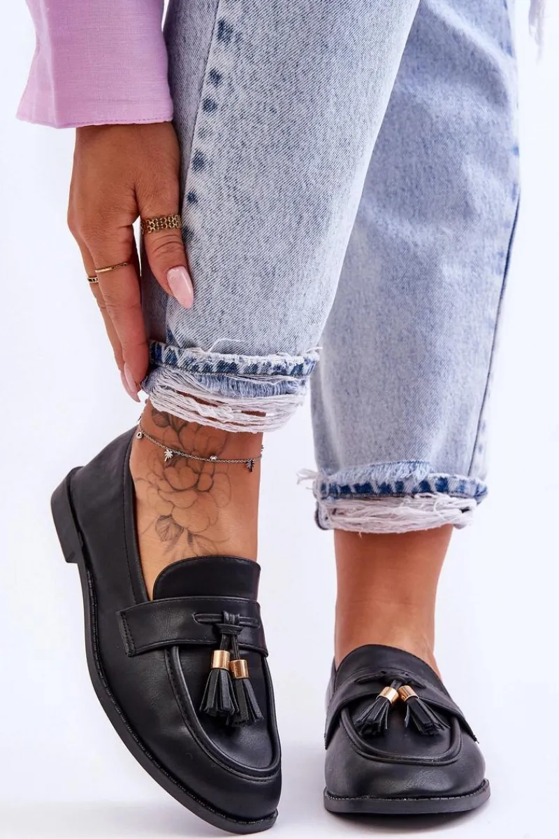 Mokasyny Damskie Skórzane>Boto Klasyczne Skórzane Mokasyny Z Frędzlami Czarne Camis