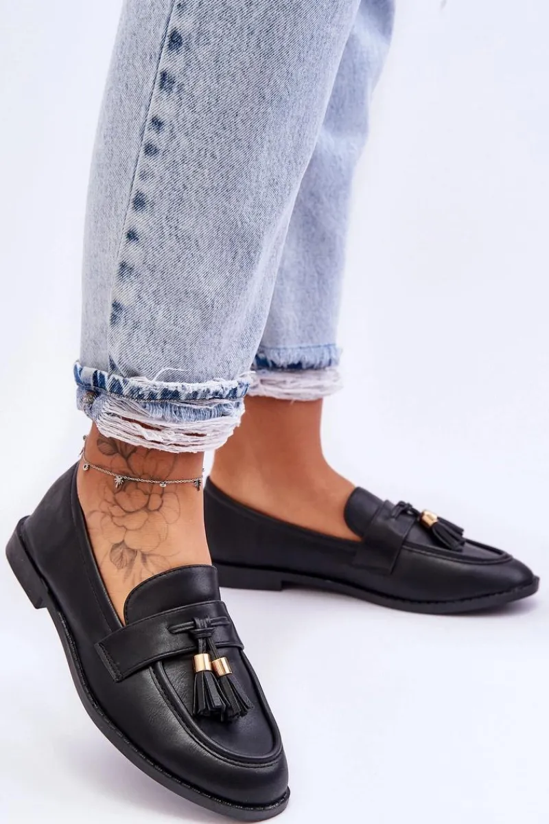 Mokasyny Damskie Skórzane>Boto Klasyczne Skórzane Mokasyny Z Frędzlami Czarne Camis