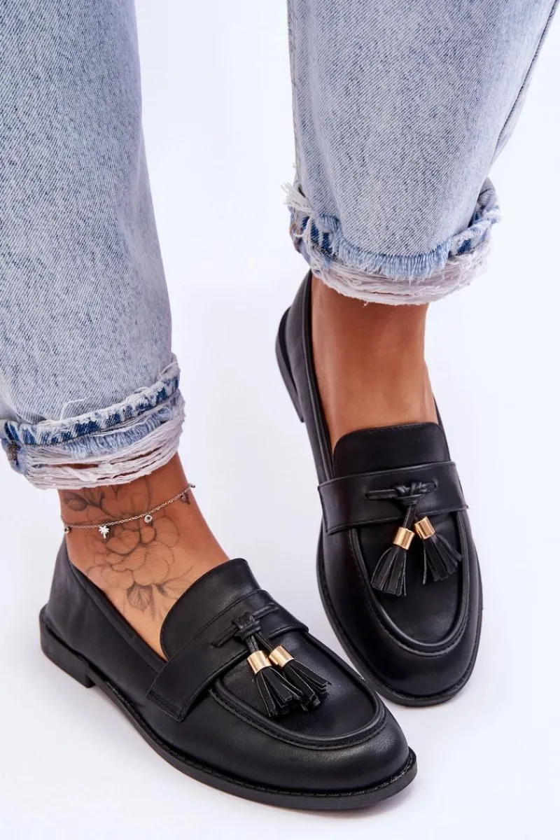 Mokasyny Damskie Skórzane>Boto Klasyczne Skórzane Mokasyny Z Frędzlami Czarne Camis