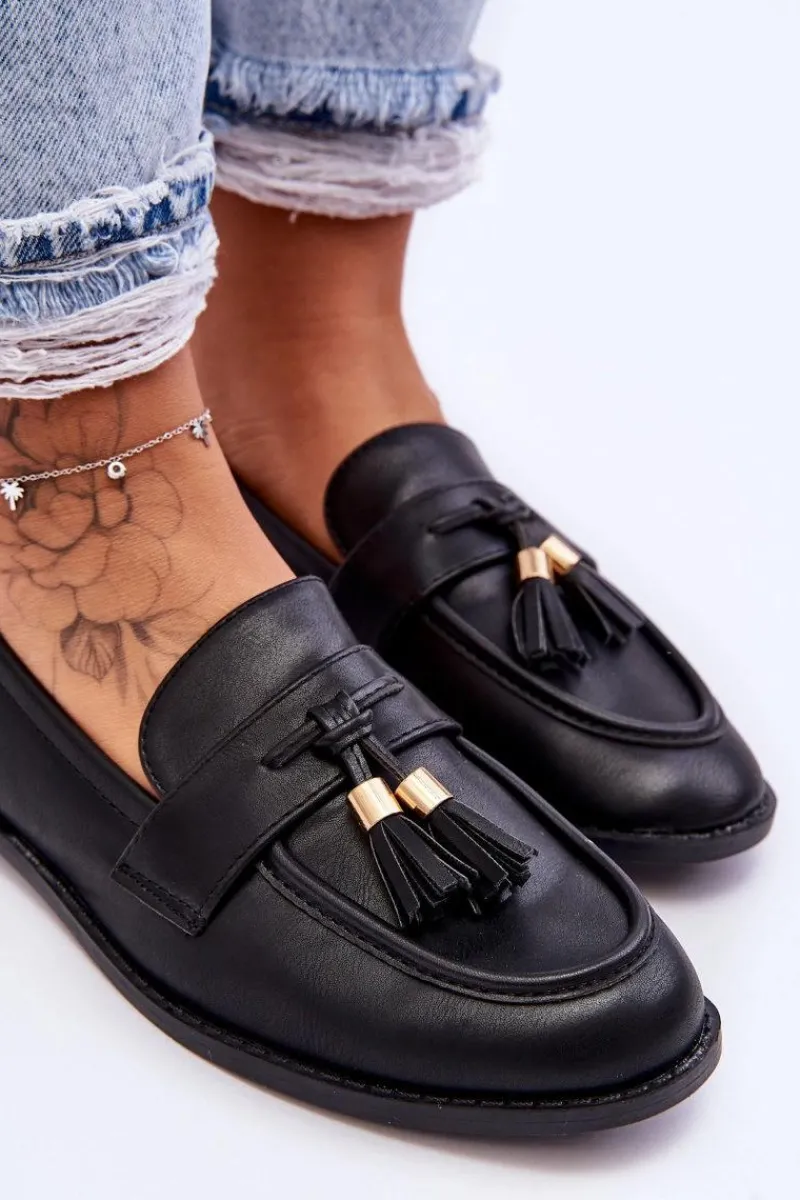 Mokasyny Damskie Skórzane>Boto Klasyczne Skórzane Mokasyny Z Frędzlami Czarne Camis