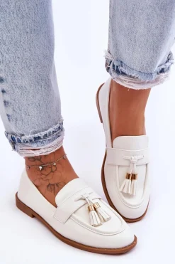 New Boto Klasyczne Skórzane Mokasyny Z Frędzlami Białe Camis