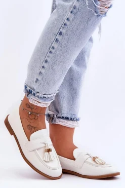 New Boto Klasyczne Skórzane Mokasyny Z Frędzlami Białe Camis