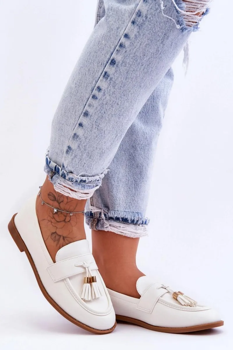 New Boto Klasyczne Skórzane Mokasyny Z Frędzlami Białe Camis