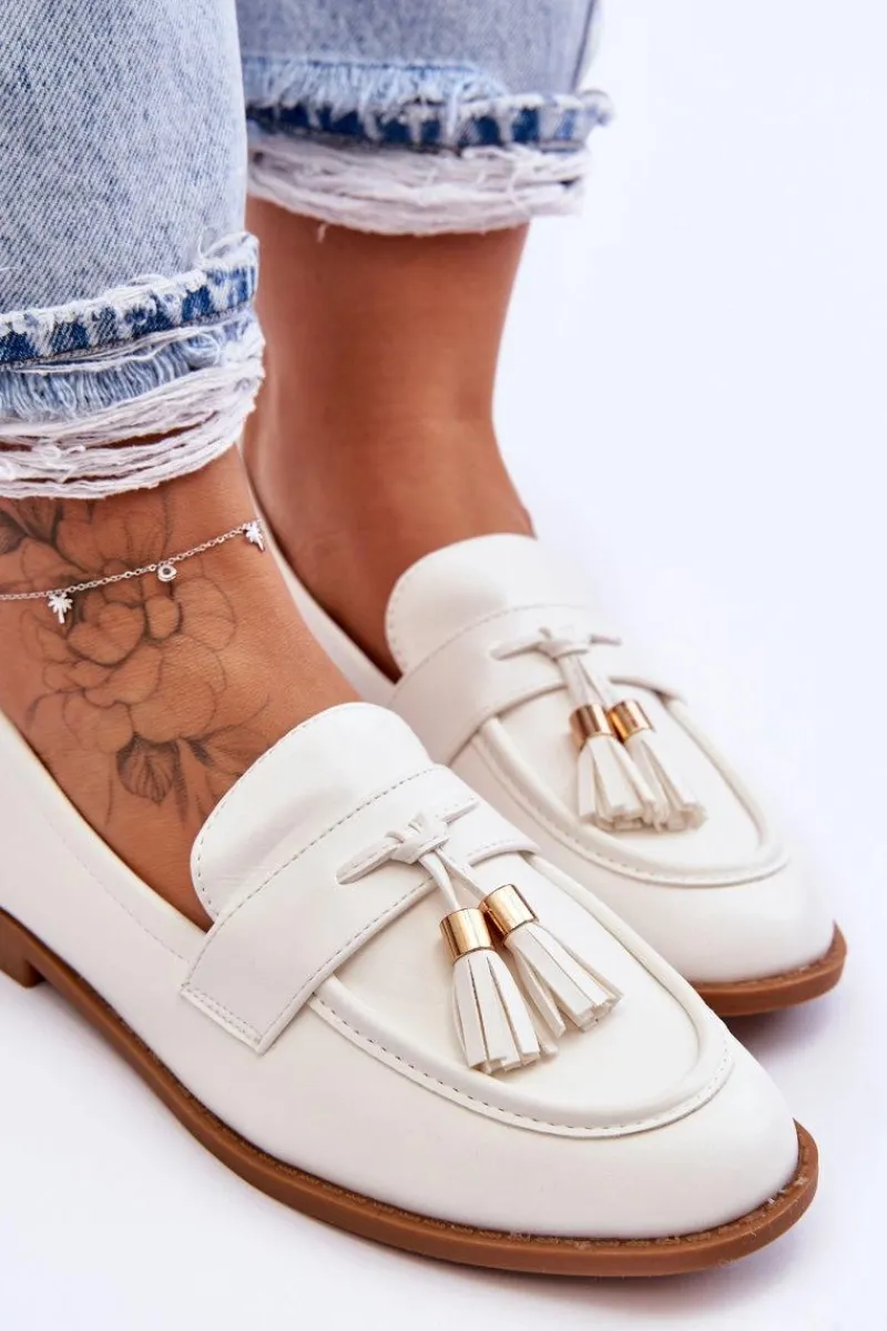 New Boto Klasyczne Skórzane Mokasyny Z Frędzlami Białe Camis