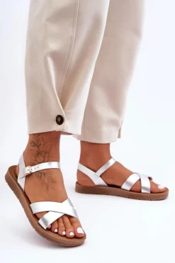 Best Klasyczne Skórzane Sandały Damskie Srebrne Talisma Damskie Sandały Płaskie