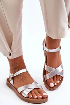Best Klasyczne Skórzane Sandały Damskie Srebrne Talisma Damskie Sandały Płaskie