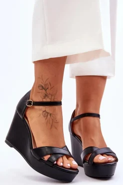 Outlet Klasyczne Skórzane Sandały Na Koturnie Czarne Givana Damskie Sandały Na Koturnie