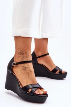 Outlet Klasyczne Skórzane Sandały Na Koturnie Czarne Givana Damskie Sandały Na Koturnie