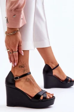 Outlet Klasyczne Skórzane Sandały Na Koturnie Czarne Givana Damskie Sandały Na Koturnie