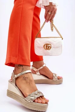 Discount Klasyczne Skórzane Sandały Na Koturnie Złote Denisse Damskie Sandały Na Koturnie