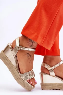 Discount Klasyczne Skórzane Sandały Na Koturnie Złote Denisse Damskie Sandały Na Koturnie