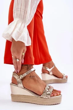 Discount Klasyczne Skórzane Sandały Na Koturnie Złote Denisse Damskie Sandały Na Koturnie