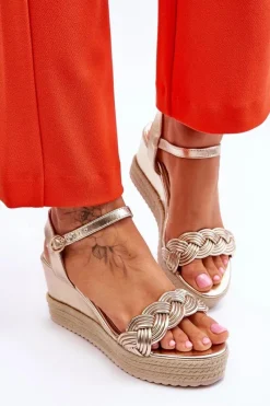 Discount Klasyczne Skórzane Sandały Na Koturnie Złote Denisse Damskie Sandały Na Koturnie