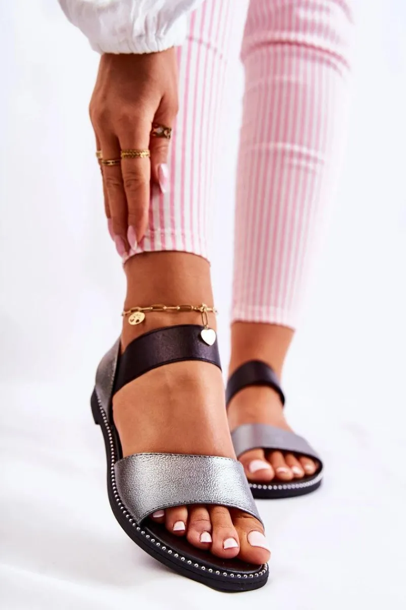 Outlet Damskie buty S.Barski Klasyczne Skórzane Sandały Z Ćwiekami Ciemnosrebrne Shelly