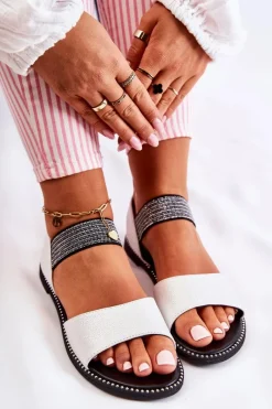 Online Klasyczne Skórzane Sandały Z Ćwiekami Srebrne Shelly Damskie Dziewczęce|Sandały Płaskie