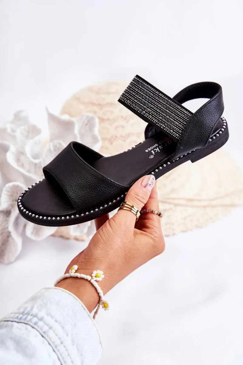 Dziewczęce|Sandały Płaskie>Damskie buty S.Barski Klasyczne Skórzane Sandały Z Ćwiekami Czarne Shelly Czarny