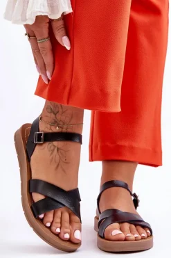 Sandały Płaskie>Boto Klasyczne Skórzane Sandały Damskie Czarne Talisma