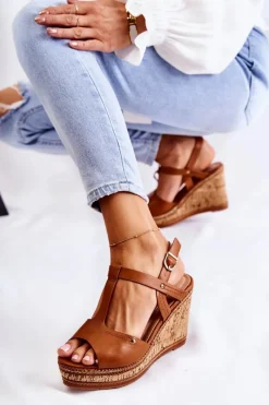 Clearance Boto Klasyczne Skórzane Sandały Na Koturnie Brązowe Valorin