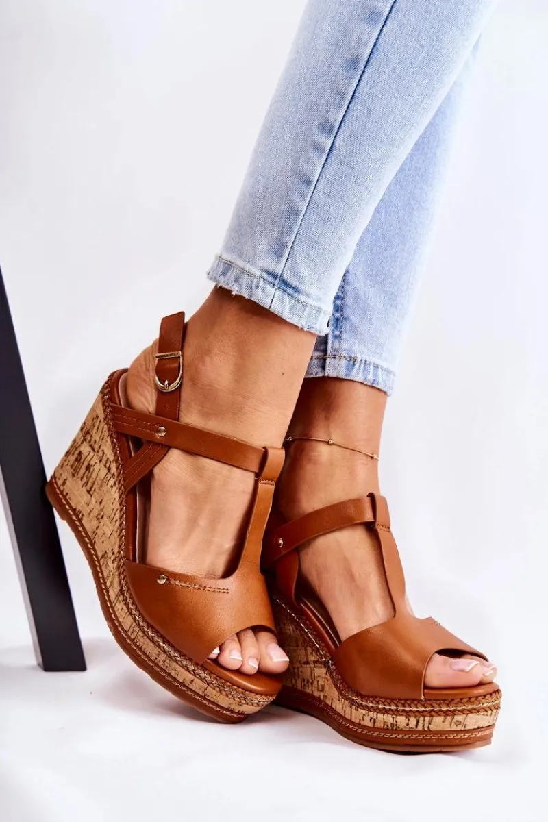 Clearance Boto Klasyczne Skórzane Sandały Na Koturnie Brązowe Valorin