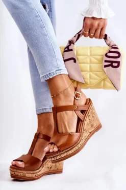 Clearance Boto Klasyczne Skórzane Sandały Na Koturnie Brązowe Valorin