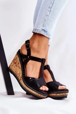 New Klasyczne Skórzane Sandały Na Koturnie Czarne Valorin Damskie Sandały Na Koturnie