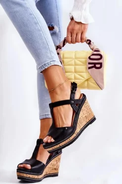 New Klasyczne Skórzane Sandały Na Koturnie Czarne Valorin Damskie Sandały Na Koturnie