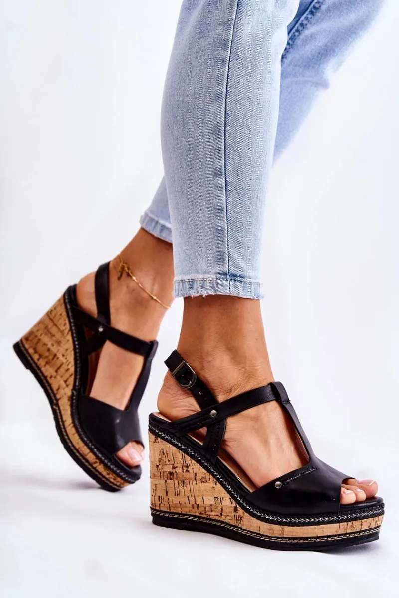 New Klasyczne Skórzane Sandały Na Koturnie Czarne Valorin Damskie Sandały Na Koturnie