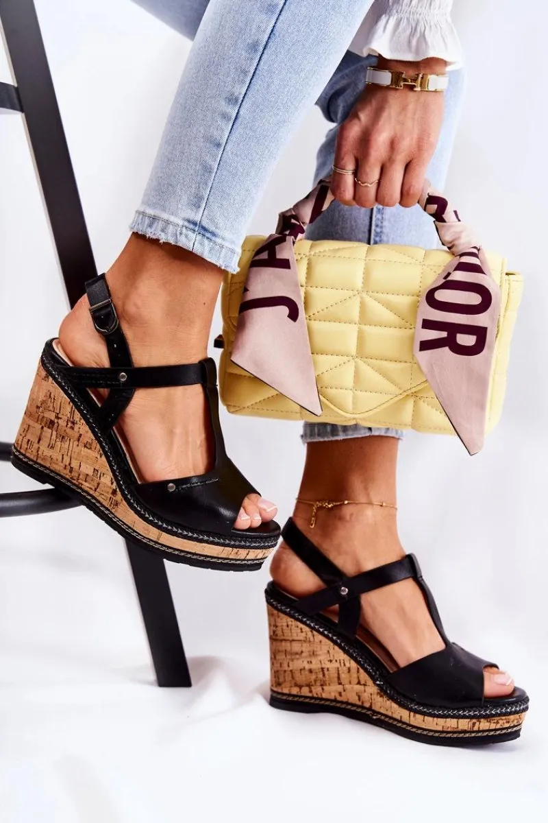 New Klasyczne Skórzane Sandały Na Koturnie Czarne Valorin Damskie Sandały Na Koturnie