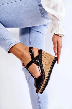 New Klasyczne Skórzane Sandały Na Koturnie Czarne Valorin Damskie Sandały Na Koturnie