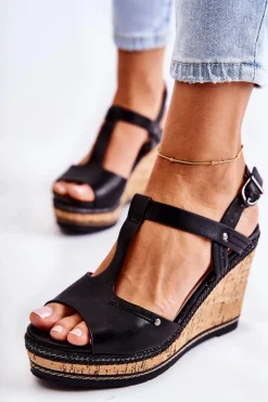 New Klasyczne Skórzane Sandały Na Koturnie Czarne Valorin Damskie Sandały Na Koturnie