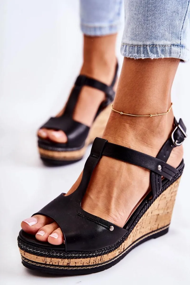 New Klasyczne Skórzane Sandały Na Koturnie Czarne Valorin Damskie Sandały Na Koturnie