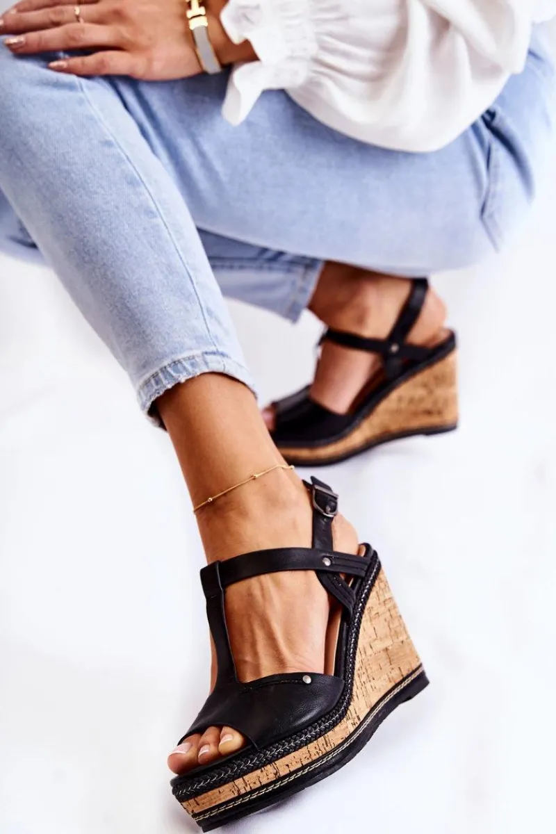 New Klasyczne Skórzane Sandały Na Koturnie Czarne Valorin Damskie Sandały Na Koturnie