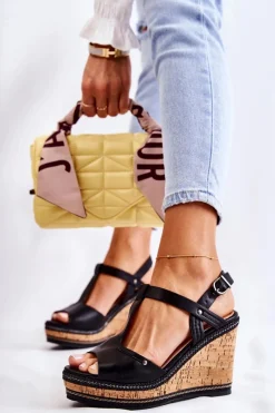 New Klasyczne Skórzane Sandały Na Koturnie Czarne Valorin Damskie Sandały Na Koturnie