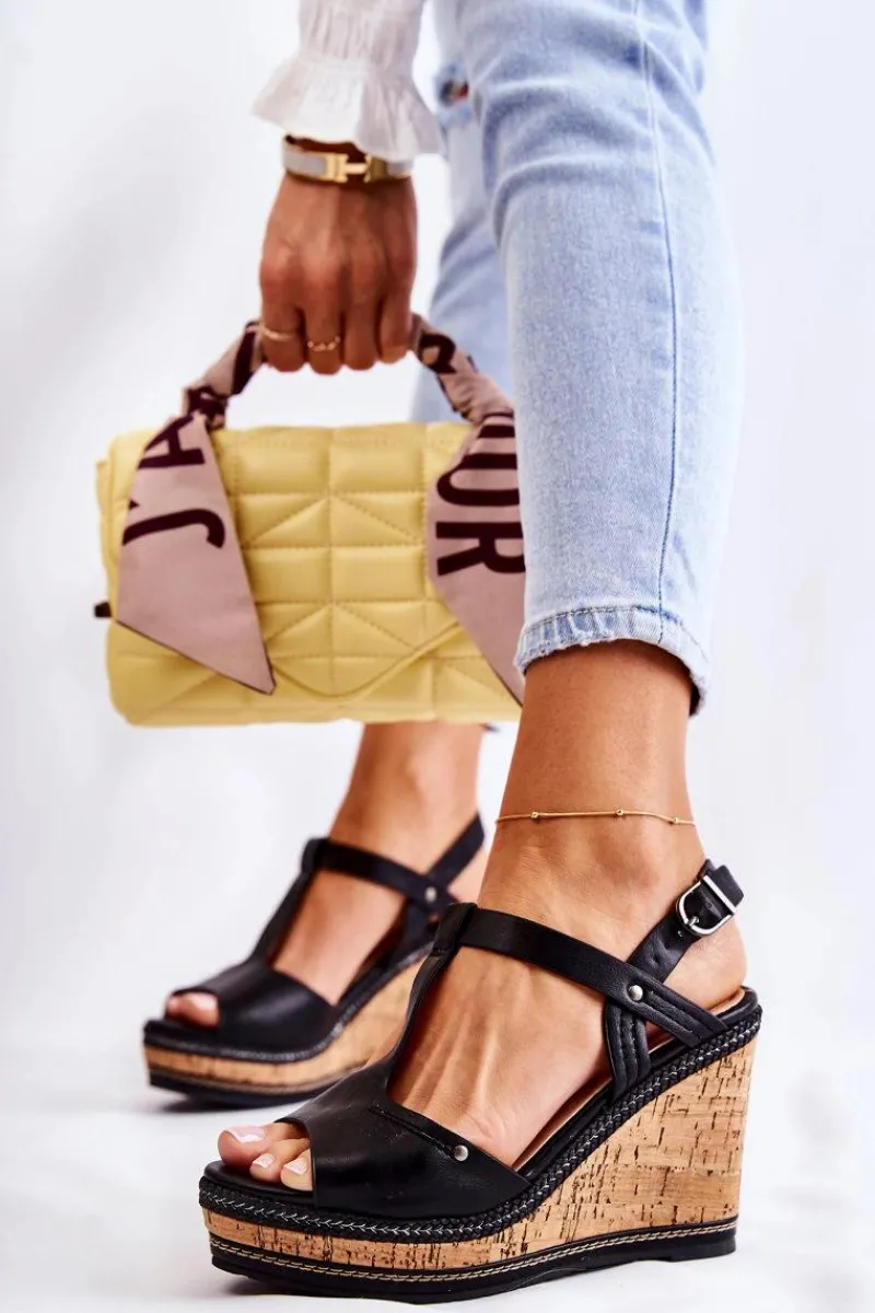 New Klasyczne Skórzane Sandały Na Koturnie Czarne Valorin Damskie Sandały Na Koturnie