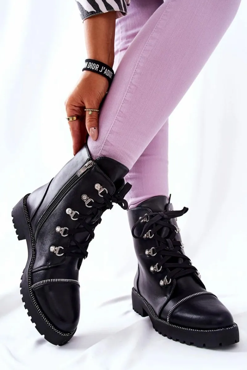 Discount Klasyczne Skórzane Wiązane Botki Czarne Daiane Damskie Czarne Botki|Botki Płaskie