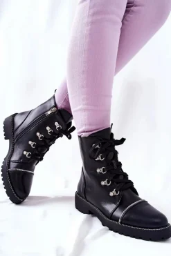 Discount Klasyczne Skórzane Wiązane Botki Czarne Daiane Damskie Czarne Botki|Botki Płaskie