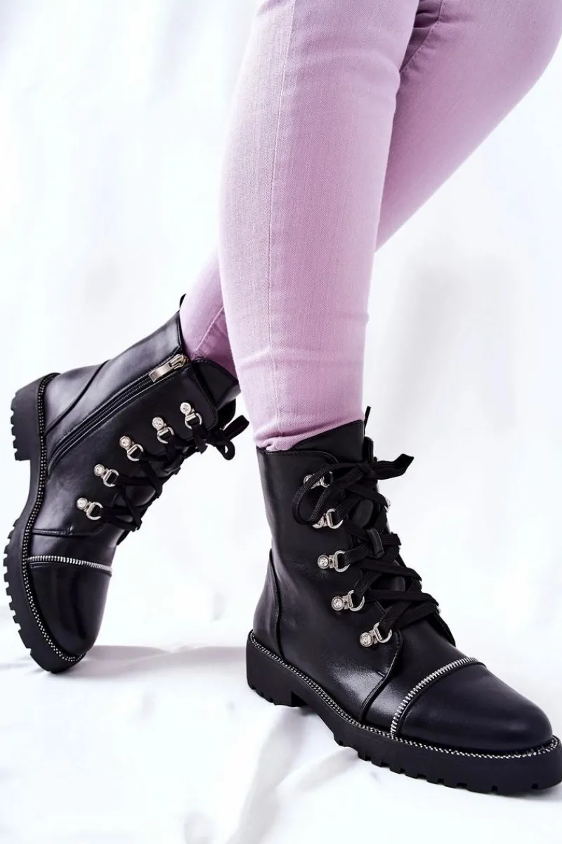 Discount Klasyczne Skórzane Wiązane Botki Czarne Daiane Damskie Czarne Botki|Botki Płaskie