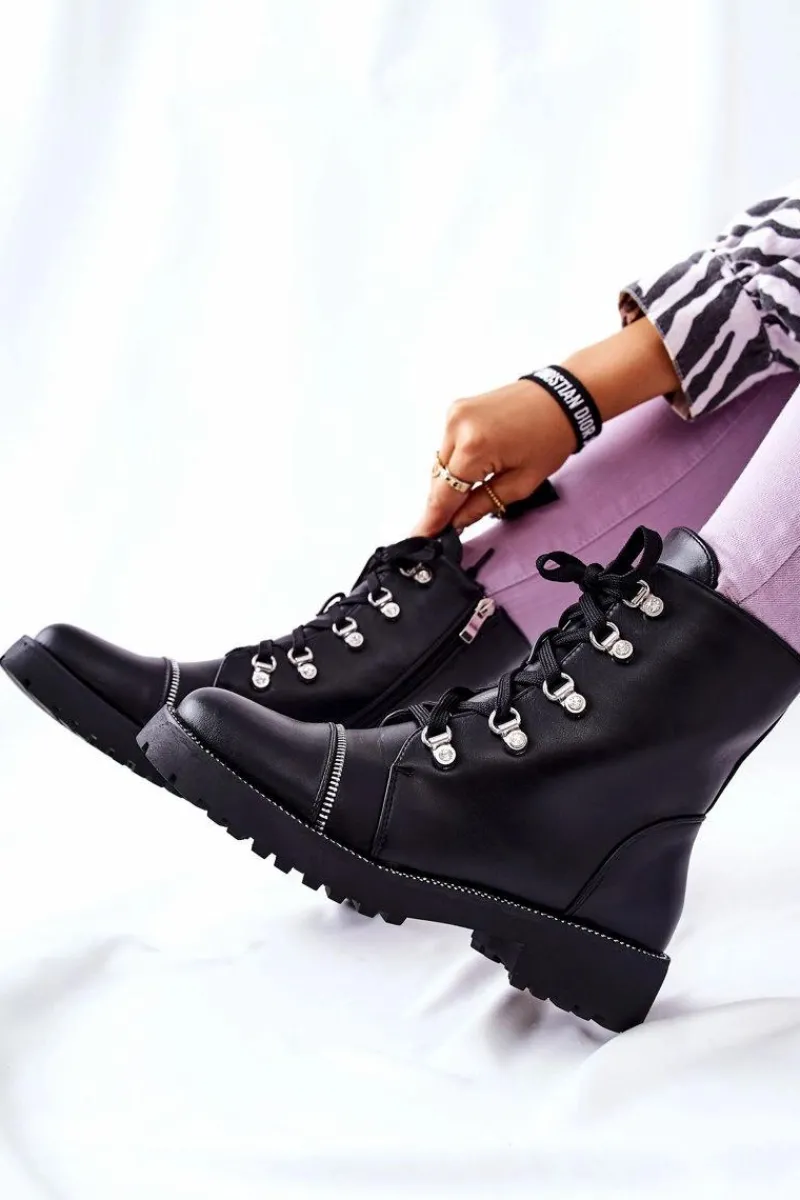 Discount Klasyczne Skórzane Wiązane Botki Czarne Daiane Damskie Czarne Botki|Botki Płaskie