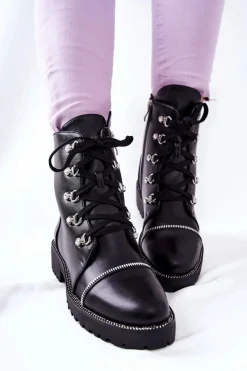 Discount Klasyczne Skórzane Wiązane Botki Czarne Daiane Damskie Czarne Botki|Botki Płaskie