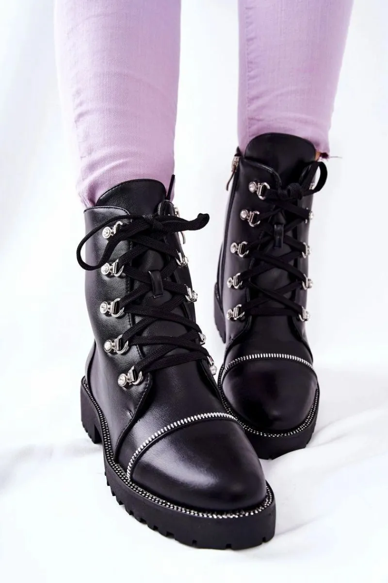 Discount Klasyczne Skórzane Wiązane Botki Czarne Daiane Damskie Czarne Botki|Botki Płaskie