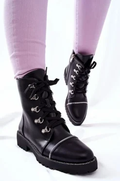 Discount Klasyczne Skórzane Wiązane Botki Czarne Daiane Damskie Czarne Botki|Botki Płaskie