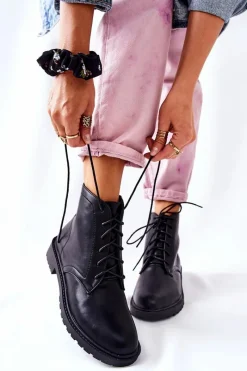 Clearance Klasyczne Skórzane Wiązane Botki Czarne Melome Damskie Czarne Botki|Botki Zimowe Damskie