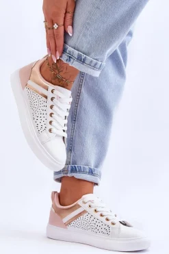 Sneakersy Damskie>Boto Klasyczne Sportowe Buty Z Ażurowym Wzorem Biało-Różowo-Złote Happier