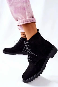 Czarne Botki|Botki Zimowe Damskie>Boto Klasyczne Wiązane Botki Czarne Melome