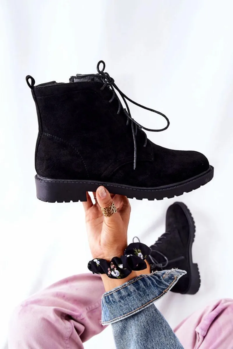 Czarne Botki|Botki Zimowe Damskie>Boto Klasyczne Wiązane Botki Czarne Melome