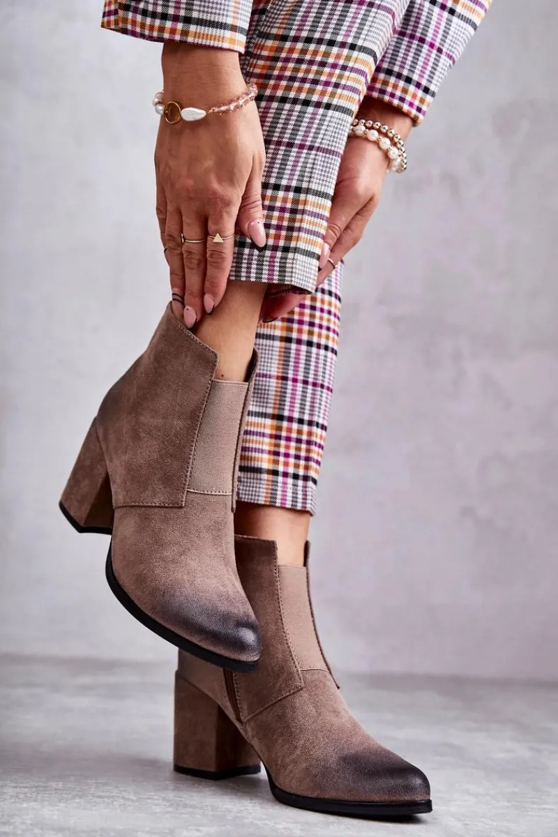 Best Klasyczne Zamszowe Botki La.Fi 260035DTA-SU Beżowe Damskie Botki Na Słupku|Botki Zimowe Damskie