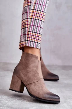 Best Klasyczne Zamszowe Botki La.Fi 260035DTA-SU Beżowe Damskie Botki Na Słupku|Botki Zimowe Damskie