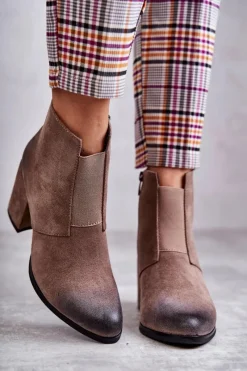 Best Klasyczne Zamszowe Botki La.Fi 260035DTA-SU Beżowe Damskie Botki Na Słupku|Botki Zimowe Damskie