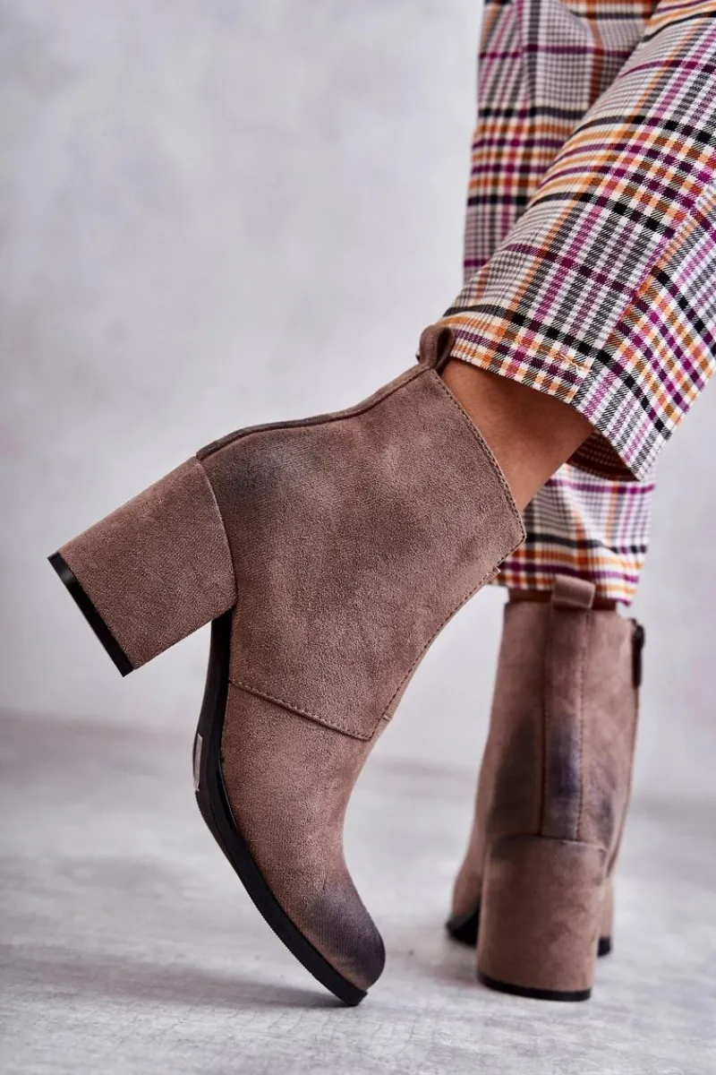 Best Klasyczne Zamszowe Botki La.Fi 260035DTA-SU Beżowe Damskie Botki Na Słupku|Botki Zimowe Damskie