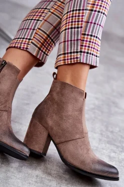 Best Klasyczne Zamszowe Botki La.Fi 260035DTA-SU Beżowe Damskie Botki Na Słupku|Botki Zimowe Damskie